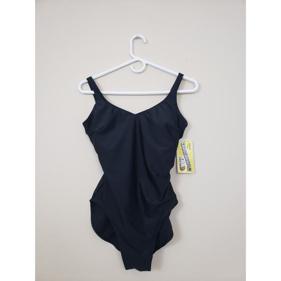 Caribbean Sand Womens Swimsuit Size 10 Full Coverage One Piece Black Built Bra - Picture 1 of 8